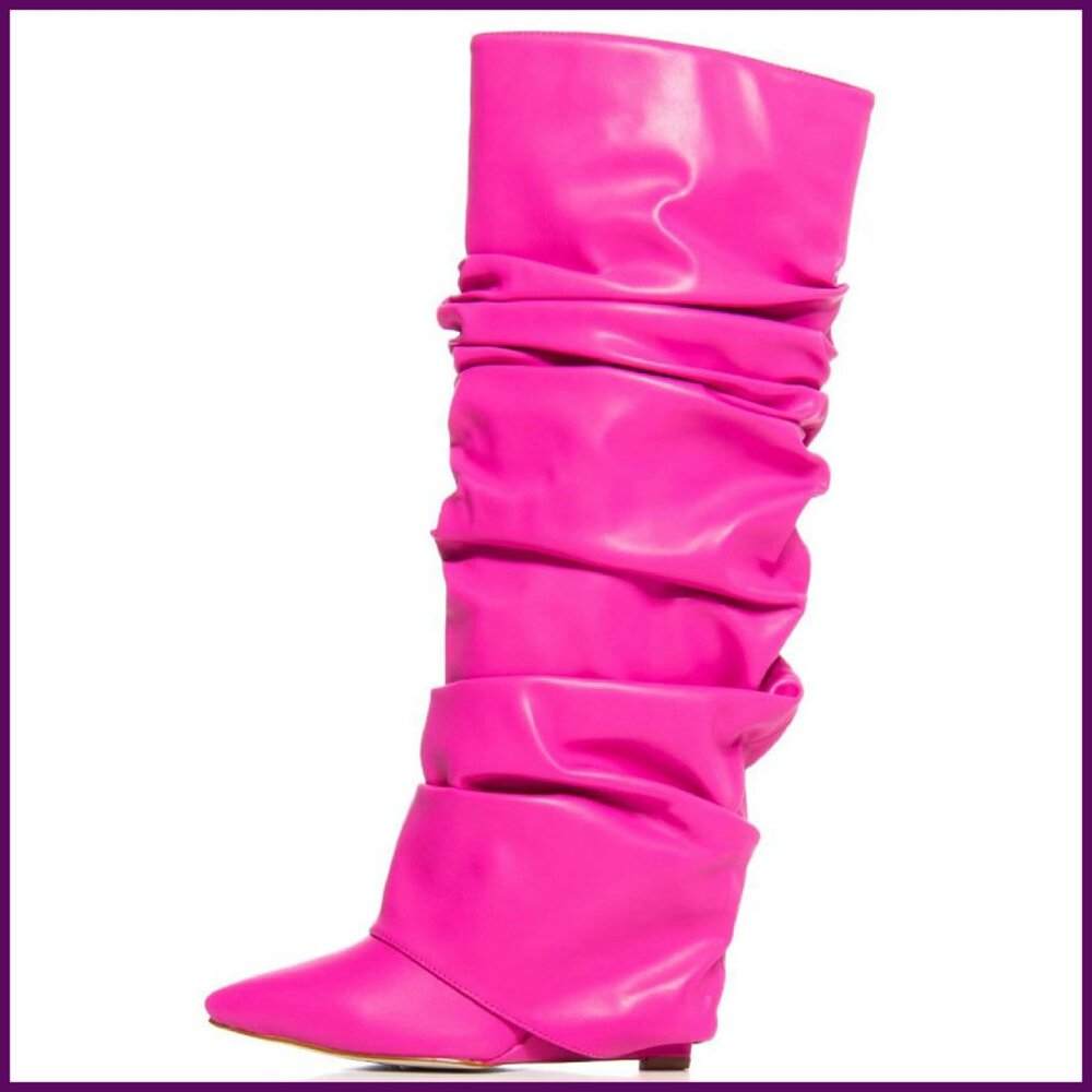 Patent Leather Knee High Boots Wide Calf Wedge Heel Fold Over